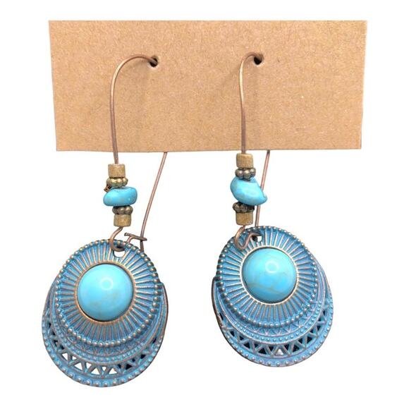 Unique Ethnic Boho Style Beaded Bronze Turquoise Classic Drop Earrings - Picture 6 of 11